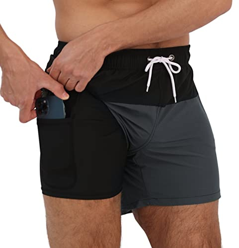 Arcweg badbyxor för män med kompressionsfoder, 2-i-1 snabbtorkande badshorts med fodrade boxershorts, stretchiga strandshorts med blixtlåsfickor, S – XXL, Svart + grå, XL
