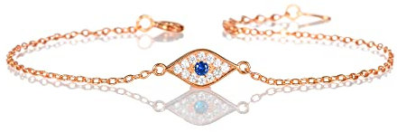 Diamond Treats Dainty Rose Gold Evil Eye Bracelet in 925 Sterling Silver Women and Teen Girls, Rose Gold Bracelet Women with Sparkling Cubic Zirconia Stones, Jewellery Gifts Women, 6.5 inches