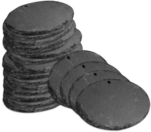 mtb more energy 20er Set Schiefer Schilder Täfelchen - 10x7 cm - Oval mit Loch - zum selbst Beschriften für Garten, Haushalt, Basteln, Geschenke