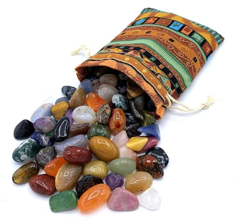 PURAJA Set di pietre preziose | Mix colorato di pietre naturali burattate | Miscela di pietre preziose autentiche | Pratico sacchetto in tessuto colorato