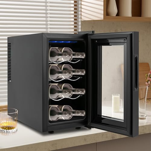 Kozivmo Cave à vin - Temperature Control - Cave à vin pour 8 bouteilles - Porte panoramique en verre - Éclairage intérieur - Porte-verres à vin intégré - Capacité : 23 l