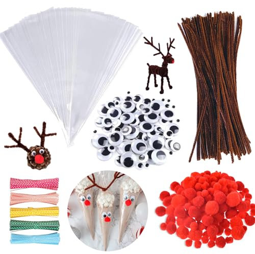 Pfeifenputzer Braun，Pfeifenreiniger zum Basteln mit Kulleraugen Selbstklebend Wackelaugen，Chenilledraht，Rote Pompons Klein,Spitztüten Transparent Für Bonbons Kekse Weihnachtsgeschenke
