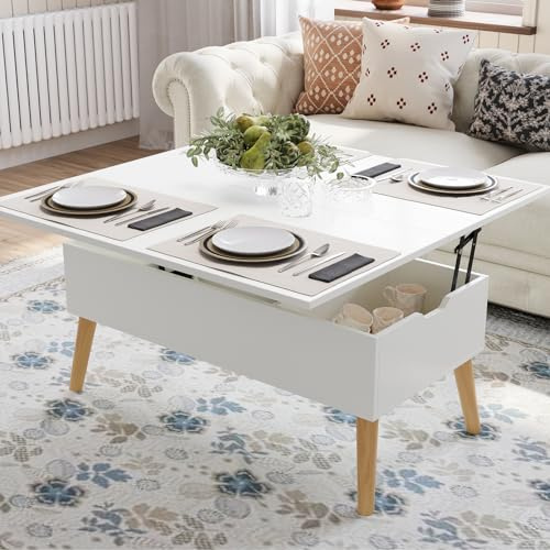 VOWNER Coffee Table with Storage for Living Room, Lift Top Coffee Table, Convertible, 3-in-1 Multifunctional Living Room Extendable Table with wooden, with Legs (White Wood Grain)