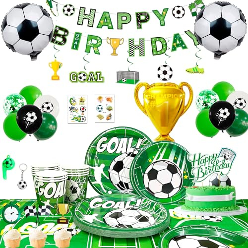 Football Party Supplies,For 16 Football Theme Party Decorations Tableware Set-Football Party Plates Cups Napkins Table Cloth Football Banner Cake Toppers etc Soccer Birthday Party Decorations
