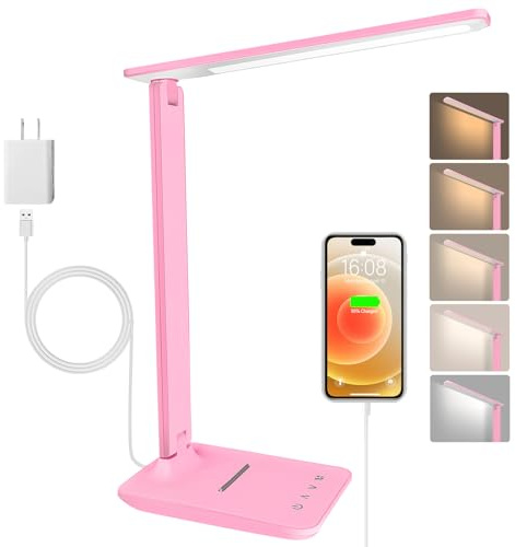 Jumoking Schreibtischlampe LED Dimmbar Augenschutz,Desk Lamp mit 5 Farben und 5 Helligkeitsstufen,Tischlampemit USB Ladeanschluss Touch Steuerung für Kinder, Schlafzimmer, Lektüre, Büros (Pink)