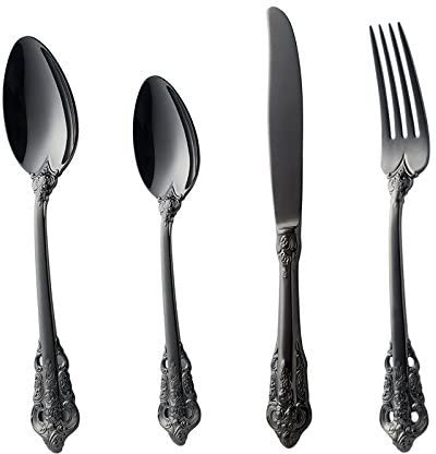 Mecmoc Set di Posate Vintage in Argento, Set di Posate da 24 Pezzi in Acciaio Inossidabile 18/10, Stile Classico Europeo, Set di stoviglie con Incisione Floreale, Posate con Manico