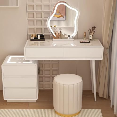 Weißes Schminktisch-Set mit abnehmbarem Spiegel, gepolstertem Hocker und Beistellschrank, für Mädchen und Damen, Schminktisch für Schlafzimmer oder Ankleidezimmer, helles Weiß, 100,5 x 4 cm, modernes