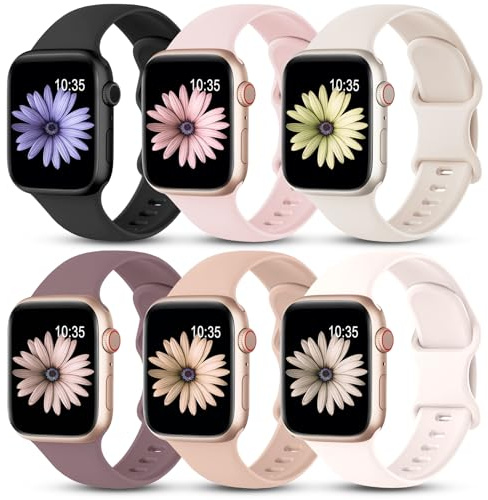 6 Pack Straps Compatible with Apple Watch Strap 38mm 40mm 41mm 42mm 44mm 45mm 46mm 49mm, Soft Silicone Sport Band for iWatch Strap Series 11 10 9 8 7 6 5 4 SE Ultra 3 2 1 Women Men