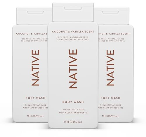 Native Gel de Ducha para Mujeres y Hombres – Sin Sulfatos ni Colorantes – Aroma a Coco y Vainilla – Gel de Baño Suave con Ingredientes de Origen Vegetal (3 x 532ml)