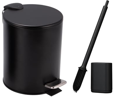 Bathroom Bin with Loo Brush Set, 3L Slim Round Stainless Steel, Black | Slim Rubbish Bin with Inner Bucket & Soft-Close Pedal Lid. Fits Narrow Spaces. For Office, Makeup Room or Kitchen.