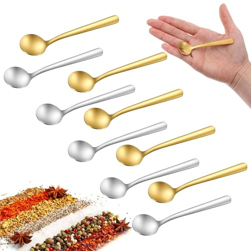 10 st små skedar för kryddor, liten storlek 8,9 cm mini rostfritt stål saltskedar för burkar kryddburkar, SUS 304 livsmedelsklassad kryddsked för salt socker kaffe pulver efterrättskaviar (guld