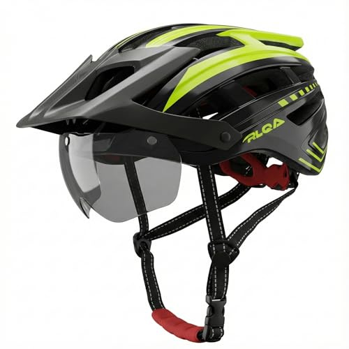 RLQA Fahrradhelm Herren Damen, MTB/Rennrad Helm mit Abnehmbarer Magnetischer Visier & Brille, Radhelm mit 24 Luftungsschlitzea, LED Rucklicht, Reithelm Verstellbare GroBe (M:54-58cm, Schwarz&Gelb)
