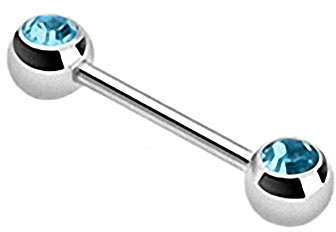 Taffstyle® Piercing - Brust Nippel Intimpiercing Hantel Doppel Front Kristall Kugel in verschiedenen Farben - 1,6mm x 12mm x 5mm - Aqua