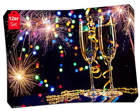 Tischsets I Platzsets - Silvester - Buntes Feuerwerk mit goldenen Sektgläsern - 44x32 cm - 12 Stück in toller Aufbewahrungsmappe - Die besondere Tischdekoration, die Deiner Feier Glanz verleiht