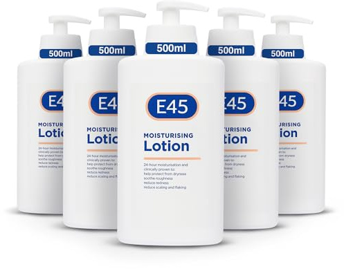 E45 Loción corporal 500 ml x 5 unidades – Loción hidratante E45 con bomba – Hidratante diario para hidratación duradera para piel seca y piel sensible – Protege de la sequedad, reduce el