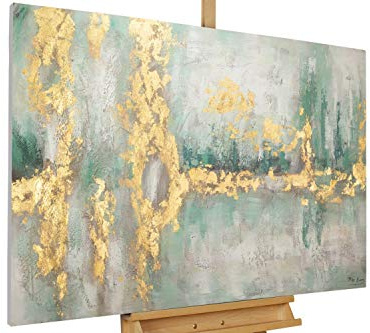 KunstLoft Leinwandbild | 100% HANDGEMALT | 120x80cm | Gemälde 'Riverside Stroll' | Abstrakt | Grün | Wandbild Wohnzimmer