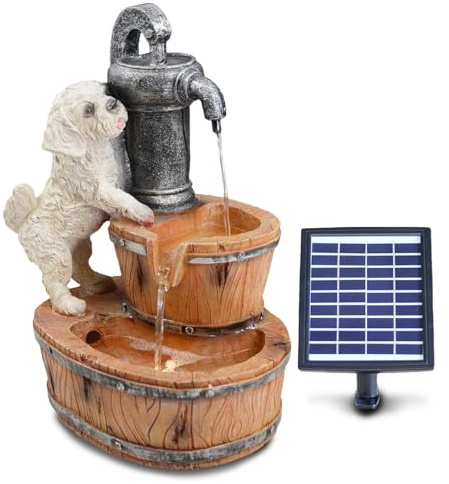 GEEZY Solar Water Features for the Garden – Outdoor Puppy Fountain with LED Lights – Solar Powered, Self-Contained – Easy Setup, Cascading & Tranquil – Ideal for Garden, Patio & Balcony Decor
