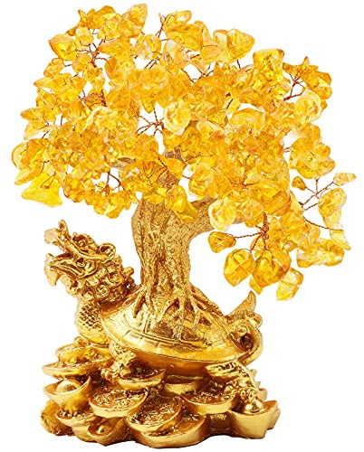 BWINKA Dragon Turtle Feng Shui Crystal Fortune Money Tree Bonsai Decoration Ornament for Bringing Wealth, Luck, Prosperity, Success，7.3inch