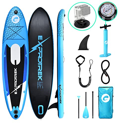 Exprotrek Stand Up Paddling Board, aufblasbares SUP Board, Stand Up Paddle Board Set, 6 Zoll dick für mit Paddel und komplettem Zubehör, 200KG MAX, Black/Blau