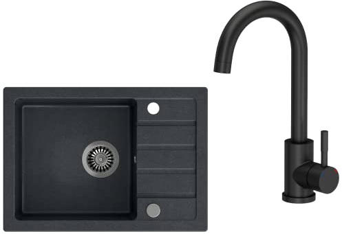 VBChome Spülbecken mit Armatur 62 x 44 cm Schwarz Spüle Einzelbecken Küche Einbauspüle Verbundspüle Küchenspüle gesprenkelt flächenbündig Siphon Waschbecken