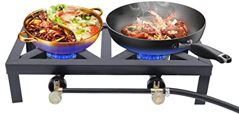 ROMYIX Double Camping Stove,Outdoor Portable Double Burner w/3.9ft Regulator Hose, Picnic Camping Gas Cooker Butane 2x8000W Gas Burner Stove BBQ Portable Grill