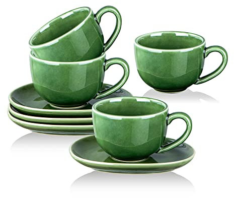 vicrays 6.5 oz Cappuccino Cups with Saucers, Set of 4, Ceramic Coffee Cup for Au Lait, Double shot, Latte, Cafe Mocha, Tea (Green)