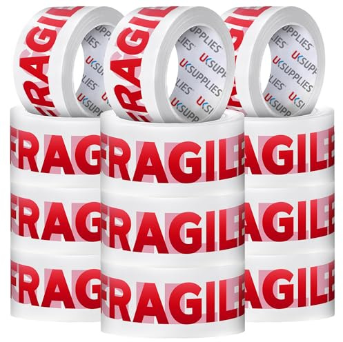 UK SUPPLIES LIMITED 12 Rolls LOW NOISE Premium Fragile Packaging Tape (All Pack Sizes) 48MM X 66M Extra Strong Secure Sticky Adhesive Durable Parcel Sealing Tape for Packing Boxes & Moving Houses