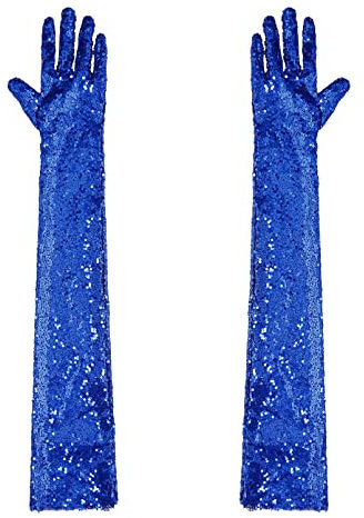dPois Damen Finger Handschuhe Ellbogen Lange Pailletten Abendhandschuhe Mottoparty Fasching Karneval Kostüm Zubehör Blau Einheitsgröße