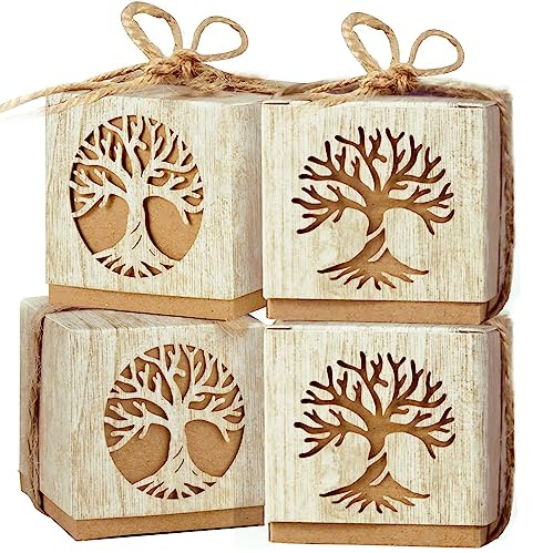 50 Stück Lebensbaum Geschenkboxen 5x5x5cm Kleine Geschenkschachtel Hochzeit Pralinenschachtel Leer zum Befüllen Gastgeschenk Box für Hochzeit Tauf Kommunion Konfirmation Geschenkverpackung usw.