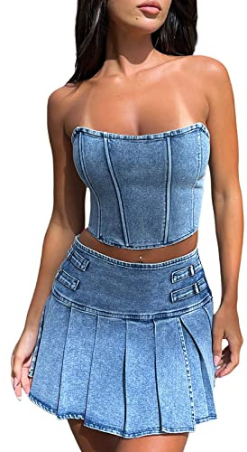 Vintage Women Fashion Denim Skirt Sets Sleeveless Bandeau Top+Pleated Jean Mini Skirt Y2K Summer 2PCS Outfit Streetwear (Blue, XL)