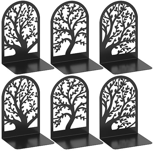VFINE Bookend 3 Pairs, Decorative Book End, Bookends for Shelves, Desktope Book Ends, Book Stopper to Hold Books, Unique Black Metal Tree Book Holder for Home Office