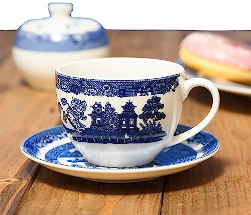 AuraHome Blue Willow 8oz 235ml Tea Cup & Saucer 5.75 Inch 15cm One Set Iconic Elegant Blue-Printed Scene on White Porcelain Depicts Nature & Historical Imagery