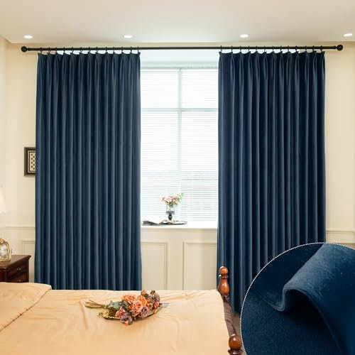 MUMFAS Velvet Pinch Pleat Solid Thermal Insulated 90% Blackout Patio Door Curtain Panel Drape for Traverse Rod and Track, Soft Velvet Pinch Pleated Curtain Navy Blue 72 W x 84 L (One Panel)