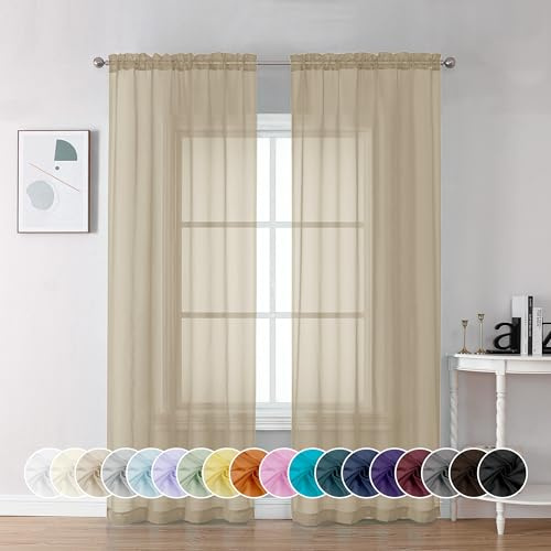 Chyhomenyc Taupe Sheer Curtains 72 Inch Length 2 Panels, Light Filtering Soft Airy Rod Pocket Voile Window Curtain Drapes for French Door Bedroom Living Room, Each 42Wx72L Inches