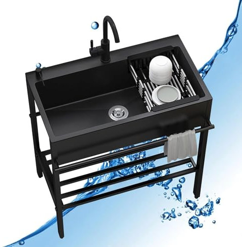 Freistehendes Außenbereich Spülbecken, Schwarz Edelstahl Waschbecken Mit Armaturen, Outdoor Küche Spüle, Multifunktionswaschtisch, Handwaschbecken, Für Badezimmer, Garage, Hotel, Camping (Size : 60x4