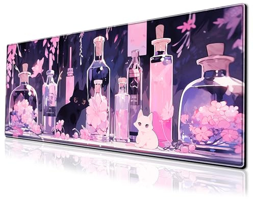 Cute Anime Cat Gaming Mouse Pad Pink Kawaii Large Desk Mat, 31.5x11.8 Inch Mousepad Extended Non-Slip Rubber Base Keyboard Mat with Stitched Edges for Desk Home Office