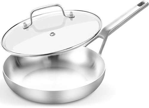 Yeksum Dreilagige, vollständig verklebte Edelstahl-Bratpfanne, antihaftbeschichtet, 25,4 cm, mit Deckel aus gehärtetem Glas, Kochpfanne, Bratpfanne, Induktionspfanne, spülmaschinen- und ofenfest