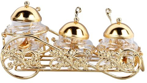Cyrank Pot à Sucre Doré De Style Européen, Ensemble De 3 Pièces, Pot D'assaisonnement En Verre Poli, Sucrier Doré, Pot D'assaisonnement élégant Avec Couvercle Et Cuillère