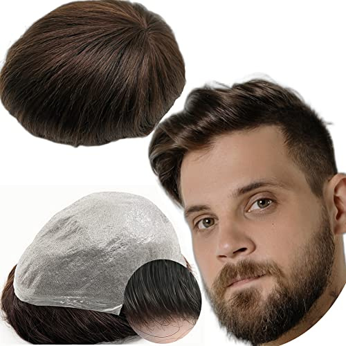 YANAHAIR Toupee for Men - Real Human Hair Replacement System - 0.04mm Poly Skin Hairpiece - Straight PU Hair Units - Natural-Looking Hair Pieces - Hair Prosthesis - #2 Dark Brown - 8x10