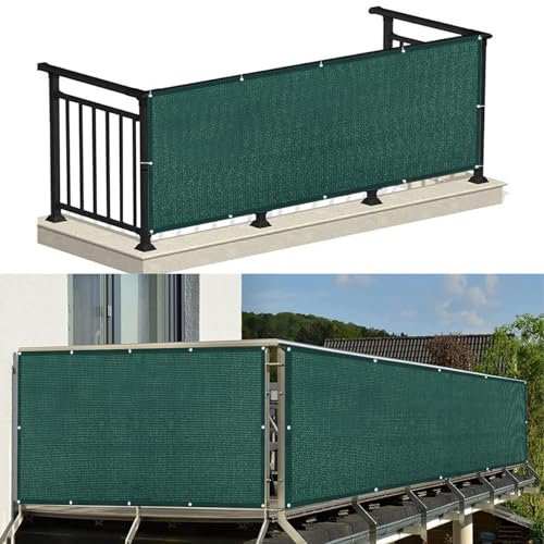 Balkon Sichtschutz mit Ösen 150 x 650 cm Windschutz Sonnenschutz Balkonsichtschutz Sichtschutz mit Ösen Kabelbinder Und Kordel Zaunblende für Garten Balkon Terrasse, Dunkelgrün