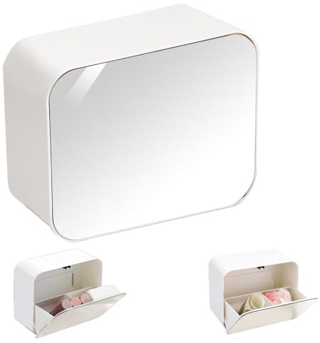 Realand Qtip Halter mit Spiegel und Push-Typ für Wand, Wattestäbchen, Kugeln, runder Spender, selbstklebend für Badezimmer, Make-up-Pads, Haarband, 2 Steckplätze