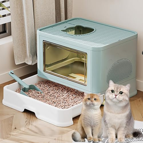 Pucaru Lettiera per Gatti Chiusa con Coperchio, Lettiera per Gatti con Bordi Alti, Lettiera Setacciante, Lettiera per Gatti con Ingresso Dall'alto, Anti-Schizzi(Green)