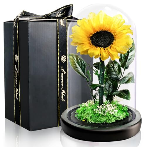 Touloube Mother's Day Sunflower Gifts for Women, Preserved Eternal Sunflower in Glass Dome, Real Flowers for Her, Forever Love Thoughtful Miss-You Present for Mum Wife Grandma on Birthday Xmas