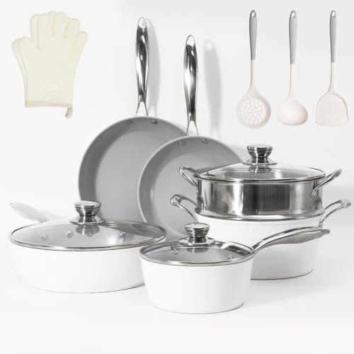 YJKKZQLB 13-teiliges antihaftbeschichtetes Kochgeschirr-Set, gesundes Topf- und Pfannenset aus Keramik-Aluminium, für Induktions-/Ceranherde geeignet, ofen-/spülmaschinenfest