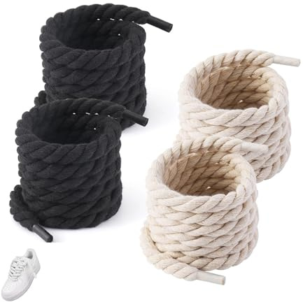 YFaith Corde 8 mm, 2 Paires 140 cm Lacets Plats en Coton Polyester Trois Épaisseurs Fluffy, Noirs et Beiges, pour Chaussures de Sport et Baskets