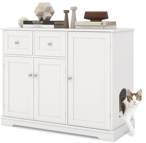 GOPLUS Meuble Litiere Chat avec Trou d’Entrée Latéral, Cache Litiere Chat à 2 Porte, Plateau Spacieux, 100 x 45 x 80 CM, 2 Tiroirs et 2 Compartiment de Rangement pour Chaton, Idéal pour Chambre, Blanc