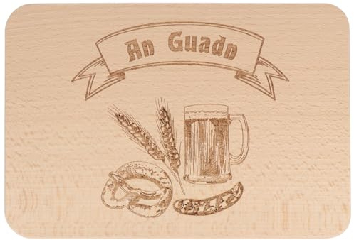 Spruchreif | Frühstücksbrettchen An Guadn mit Bierkrug & Würste-Motiv | Holzbrett aus Buchenholz mit Gravur | Schneidebrett 22 x 15 cm | Geschenkidee für Bier- & Wurstfans