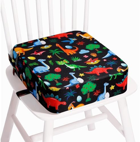 TOTIDYH SitzerhöHung Stuhl Kind, Tragbare Rutschfestes Sitzkissen Kinder, Waschbar SitzerhöHung Kinder Stuhl mit 2 Sicherheitsgurten, Zerlegbar StuhlerhöHung Kind(Dinosaurier Schwarz)
