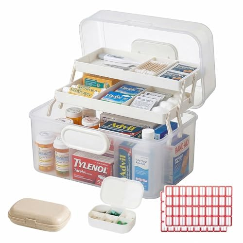 Portable Medicine Organizer Box & First Aid Kit Container – 3-Layer Folding Storage Bin with Handle & Latch, Clear Medical Supply Case for Home, Dorm, Sewing – w/ 2 Pill Pods & Labels