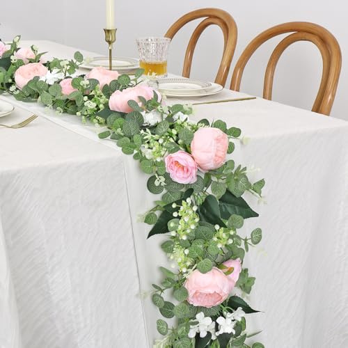 Betylifoy Artificial Eucalyptus Garlands with Flowers 190CM Artificial Flower Garlands Peonies 2PCS Fake Greenery Garland Floral Garland for Wedding Party Table Centerpiece Decoration (2, Pink)
